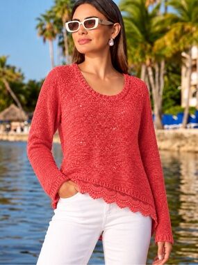 🪸 BOSTON PROPER Coral Reef Crochet Lace Bottom Sequin Hi-Low Sweater